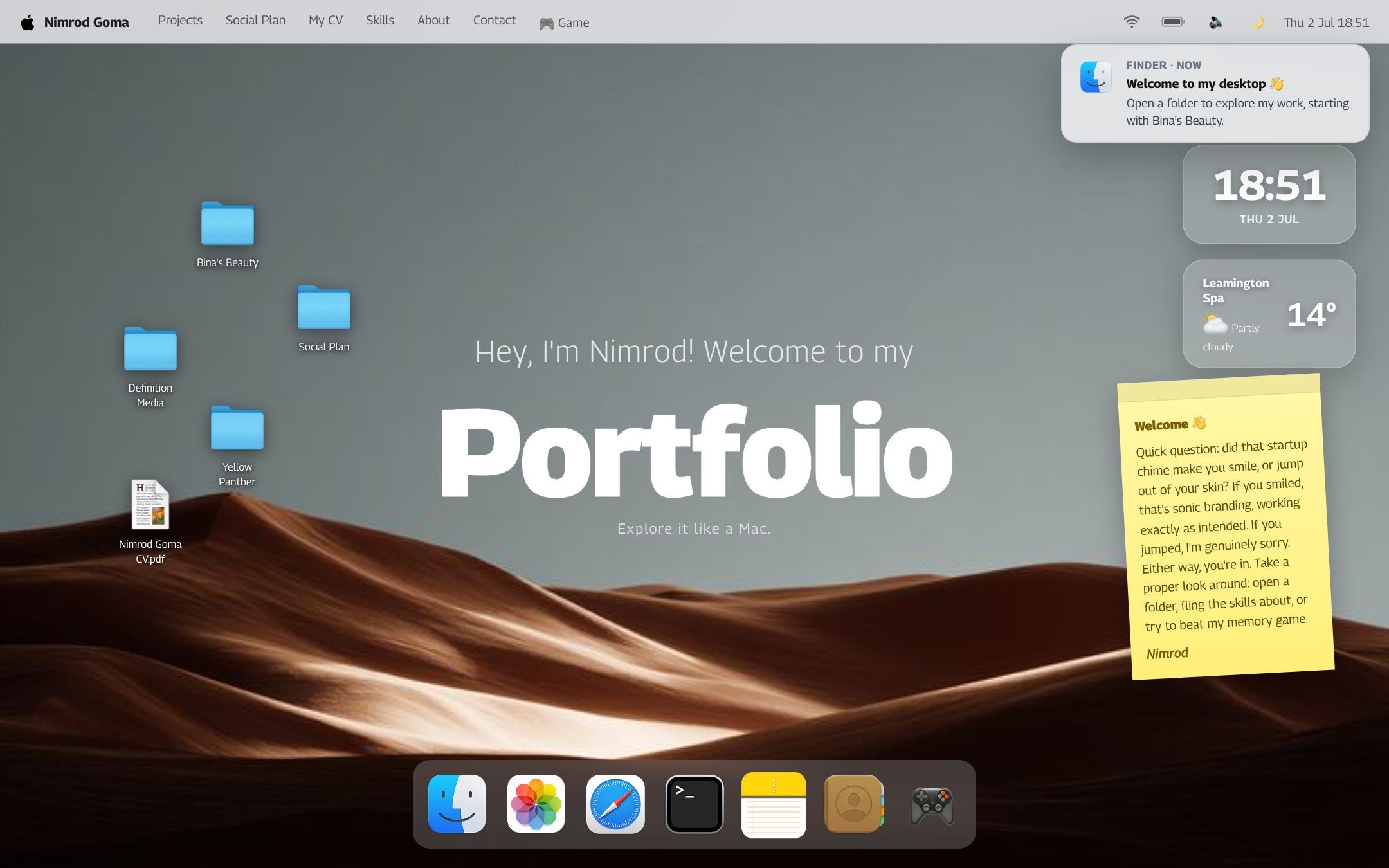 Portfolio OS home, a macOS desktop with folders, dock and widgets